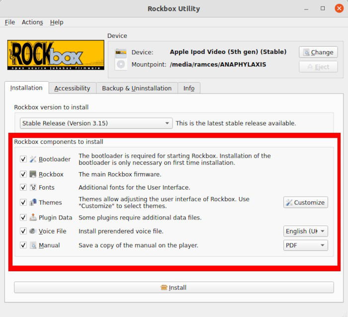 Выбор компонентов Rockbox для установки