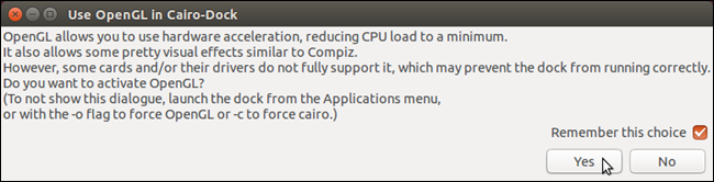 Диалог выбора использования OpenGL в Cairo-Dock