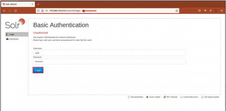 Страница входа Solr