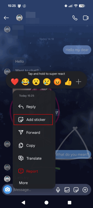 Выбор опции «Добавить стикер» в DM Instagram на Android
