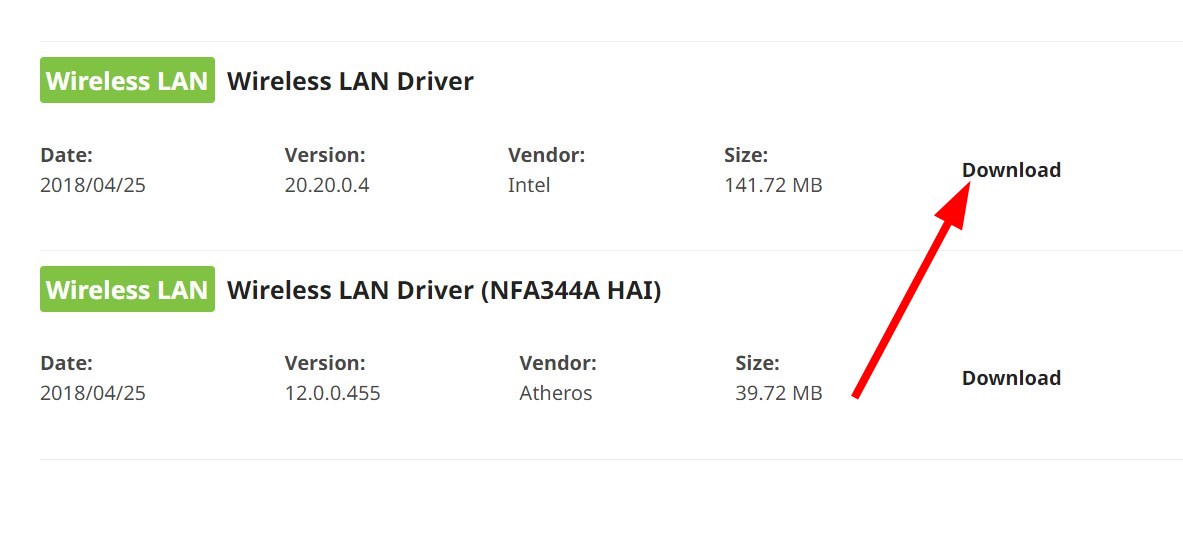 Кнопка скачивания драйвера на странице поддержки производителя
