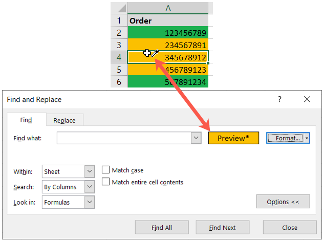 Курсор-капельница над ячейкой для выбора формата