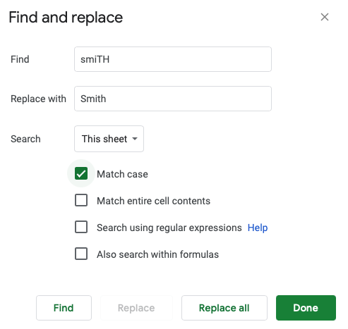 Диалог «Find and Replace» с опциями