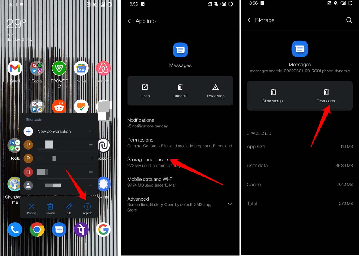 Очистить кэш приложения 'Сообщения' в Android — раздел 'Хранилище и кэш'.