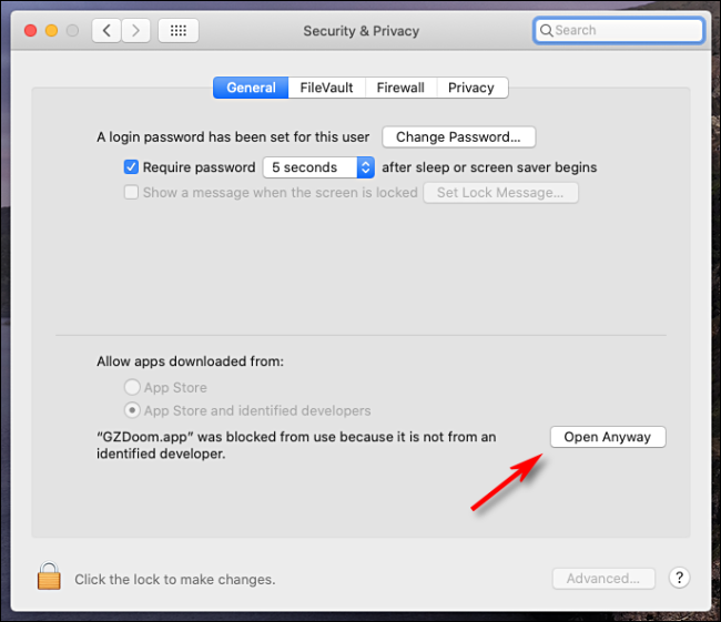 Диалог macOS с кнопкой Open Anyway