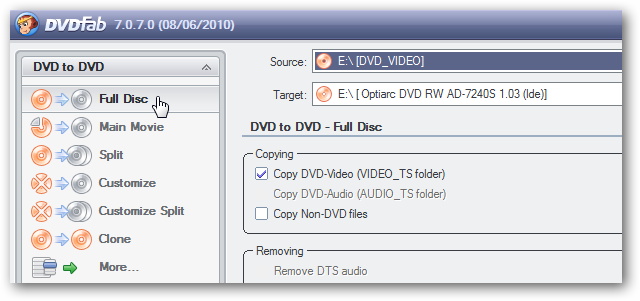 Главный интерфейс DVDFab — режим Full Disc и Copy DVD-Video