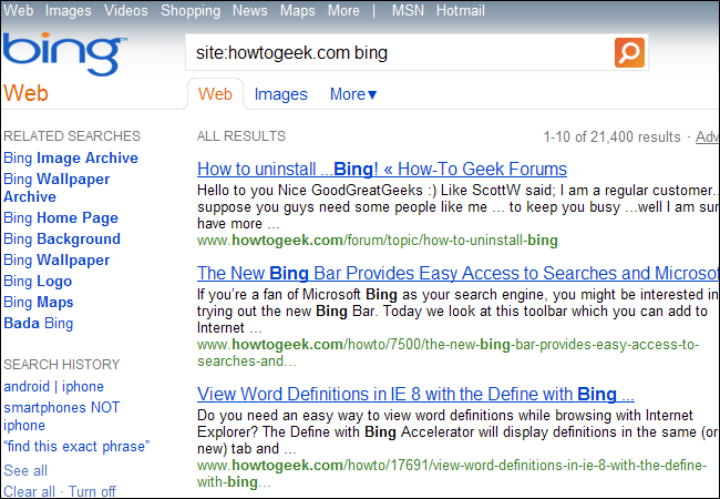 Скриншот: поиск по сайту howtogeek.com в Bing