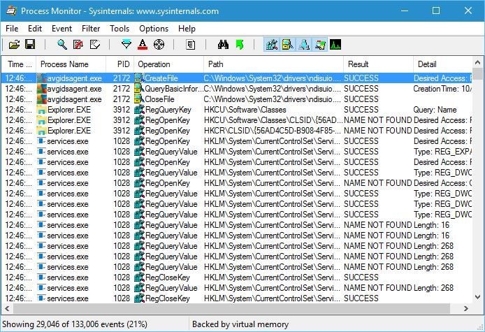 Реальное время активности в Process Monitor