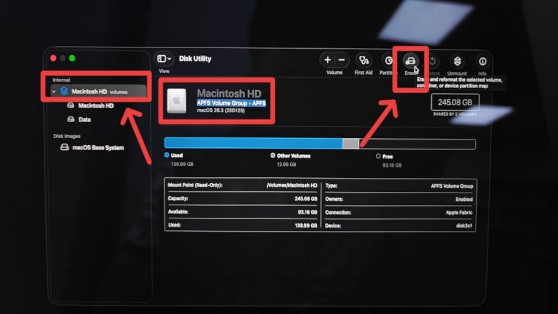 Disk Utility: стирание диска