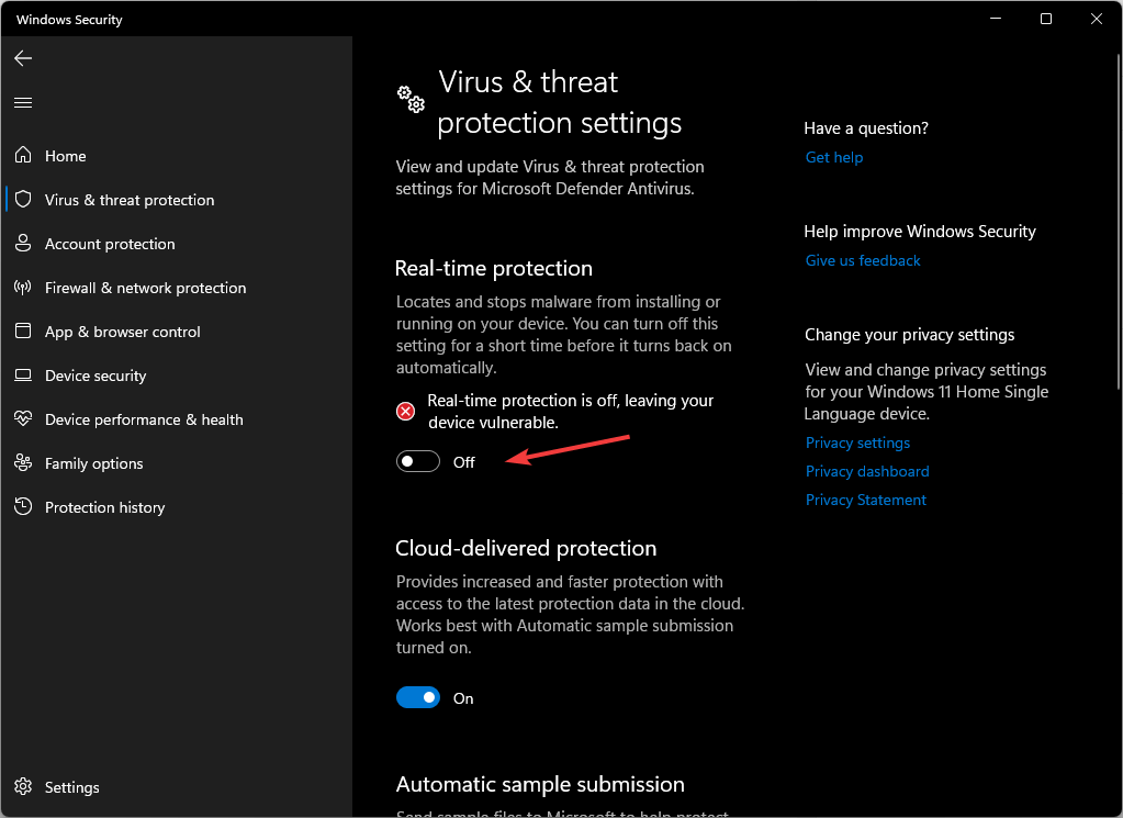 Отключение защиты в реальном времени