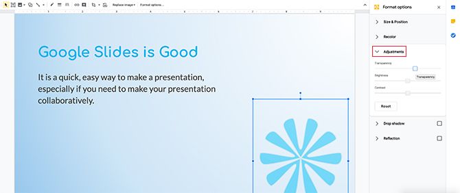 Параметры прозрачности, яркости и контраста в Google Slides