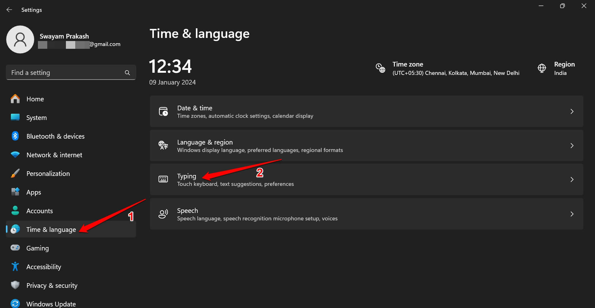 Параметры ввода Windows 11