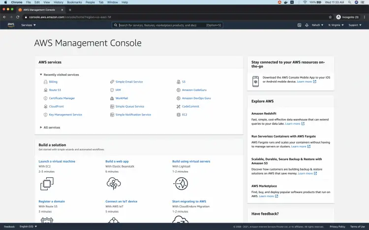 Главная консоль AWS с панелью сервисов