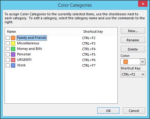 Назначение сочетания клавиш CTRL+F2 для категории 'синий' в Outlook