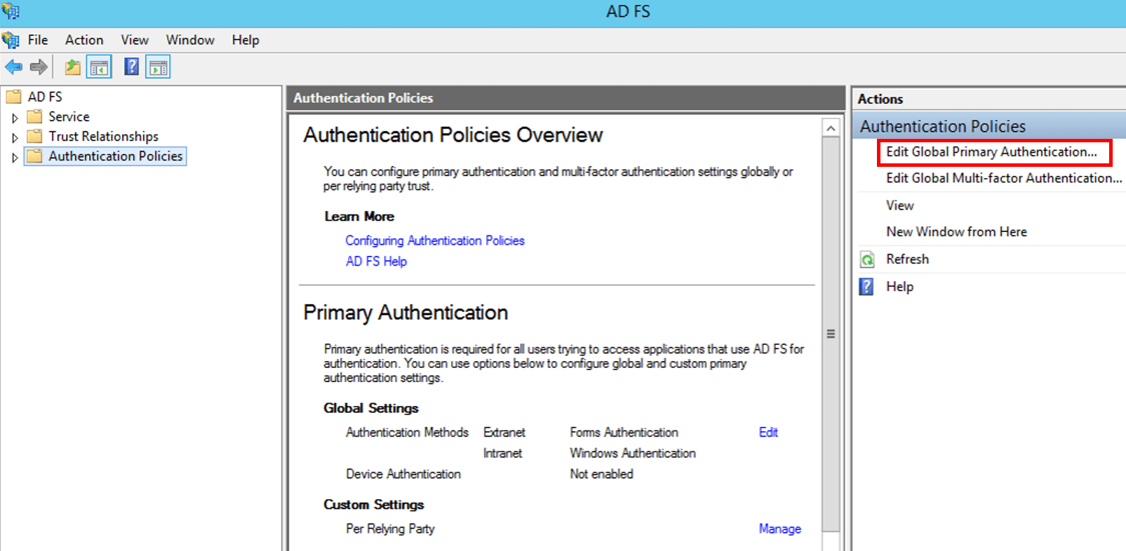 Политика глобальной аутентификации в консоли управления Microsoft