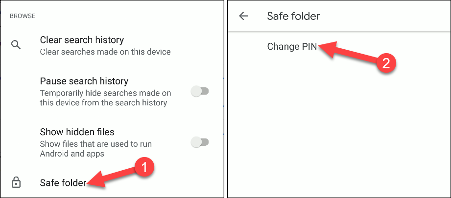 Настройки Safe Folder с опцией Change PIN