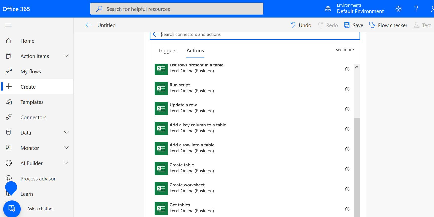 Выбор действия 'Add a row into a table' для Excel Online