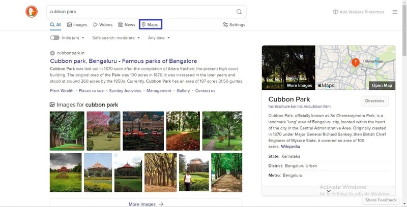 Вкладка Maps в результатах DuckDuckGo