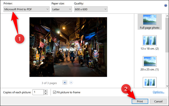 Параметры печати с выбранным Microsoft Print To PDF
