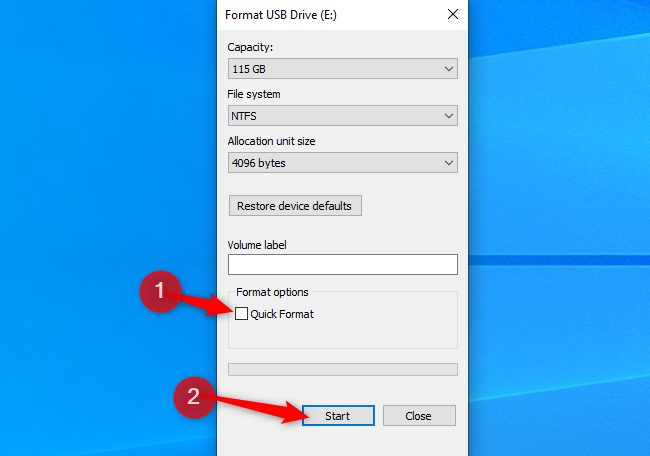 Окно форматирования Windows: снять флажок 