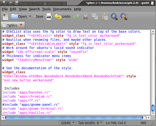 Редактирование gtkrc — закомментированная строка include