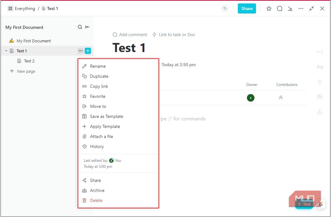 Опции меню страницы в ClickUp Docs