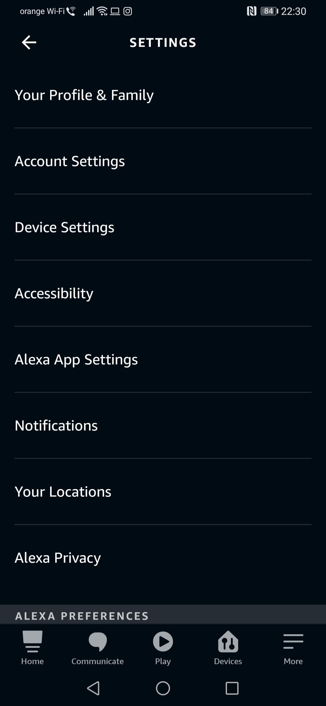 Экран настроек аккаунта Alexa в приложении