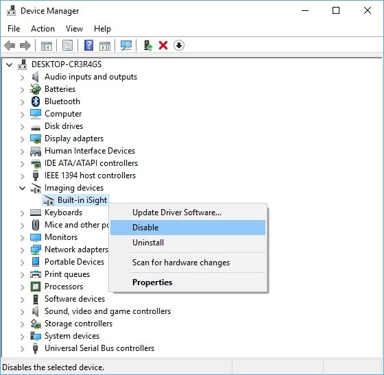 Диспетчер устройств Windows с отключённой камерой