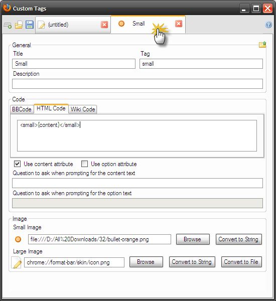 пример пользовательской кнопки вставки тега small