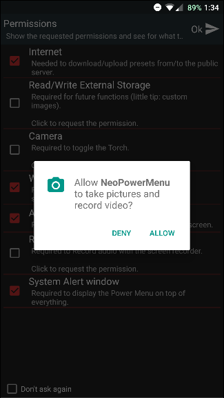 Диалог запроса разрешений приложения NeoPowerMenu