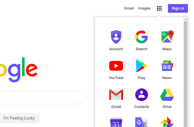 сетка приложений Google на домашней странице Google