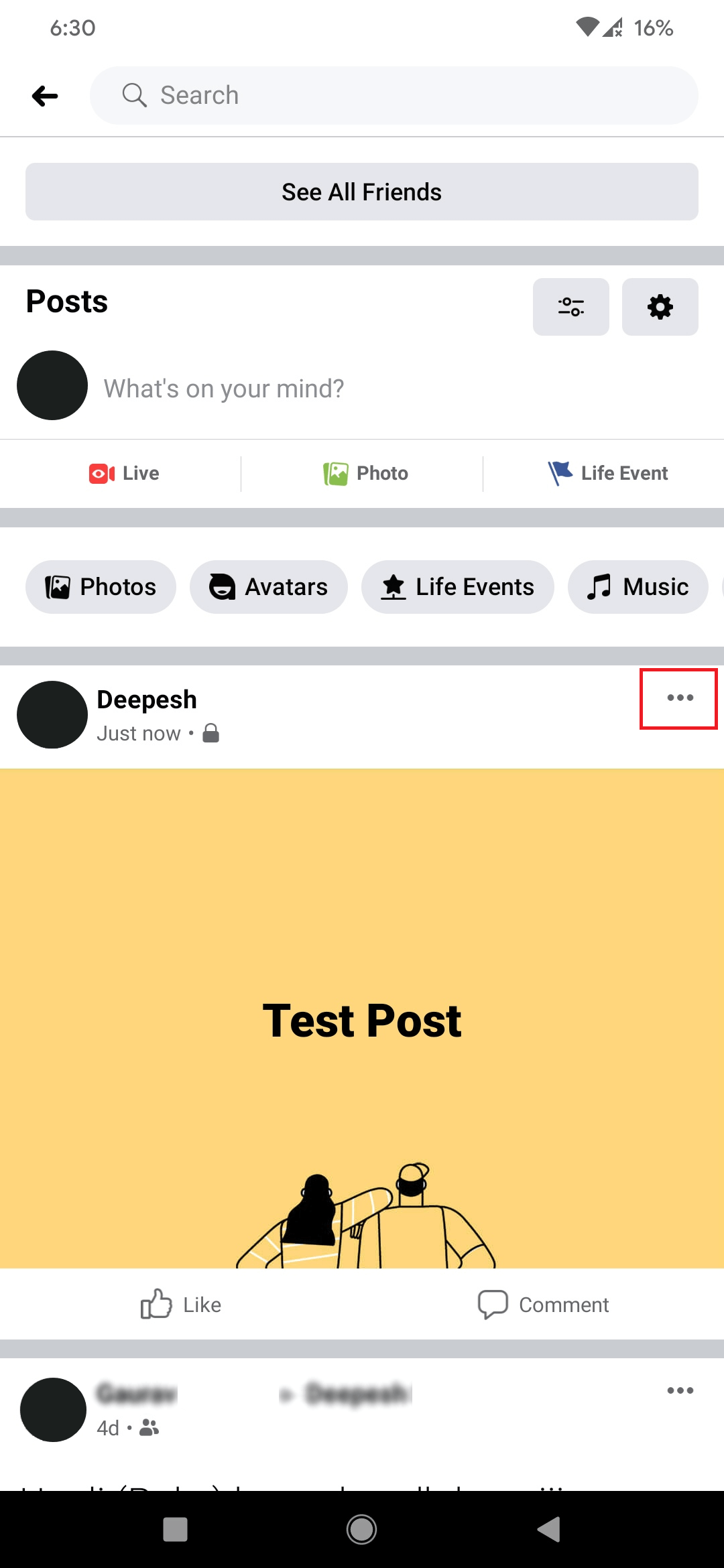 Публикация в ленте Facebook на смартфоне