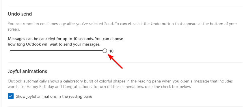Параметр «Отменить отправку» с ползунком
