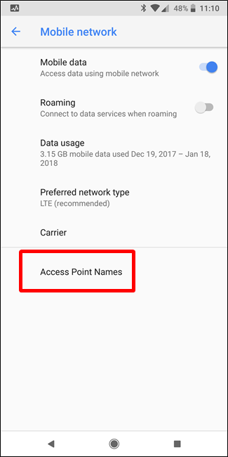Список точек доступа (APN) в Android Oreo