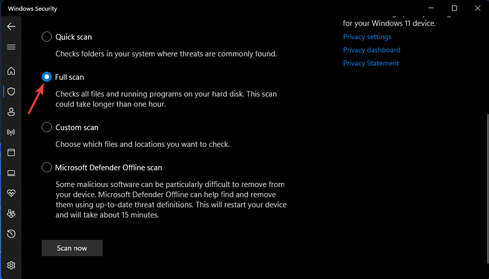 Выбор полной проверки в Windows Security