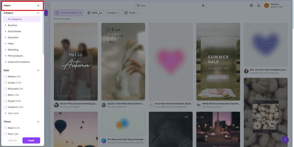 Выбор фильтров в библиотеке шаблонов