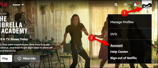Открытие настроек аккаунта на сайте Netflix