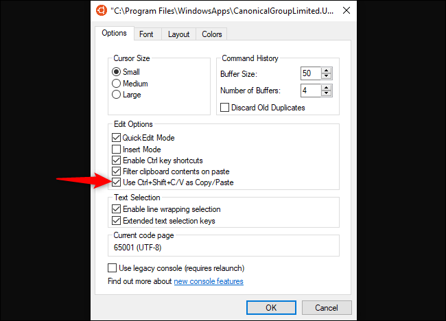 Включение сочетаний клавиш в свойствах консоли