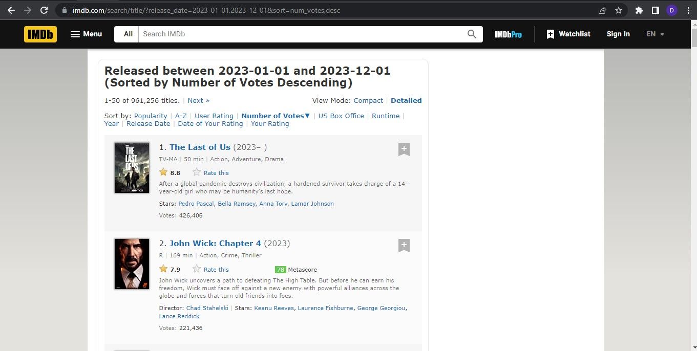 Результаты поиска IMDb для фильмов 2023 года, показывающие примеры элементов страницы