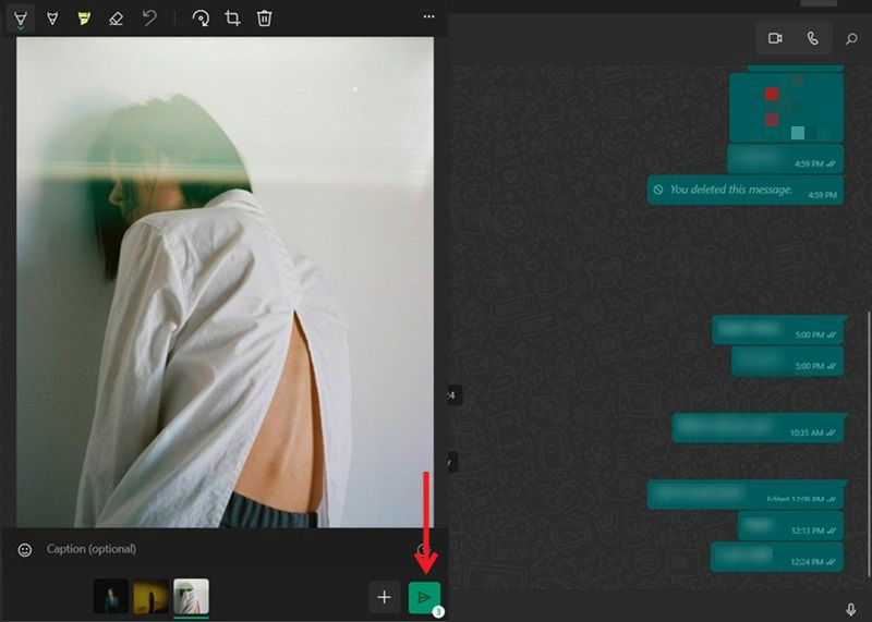 Нажатие кнопки Отправить для пересылки фотографий в WhatsApp на ПК.