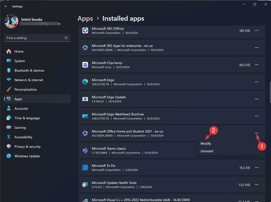 Опция Modify для Microsoft Office