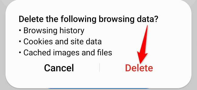 Подтверждение удаления данных в браузере Samsung с кнопкой Удалить