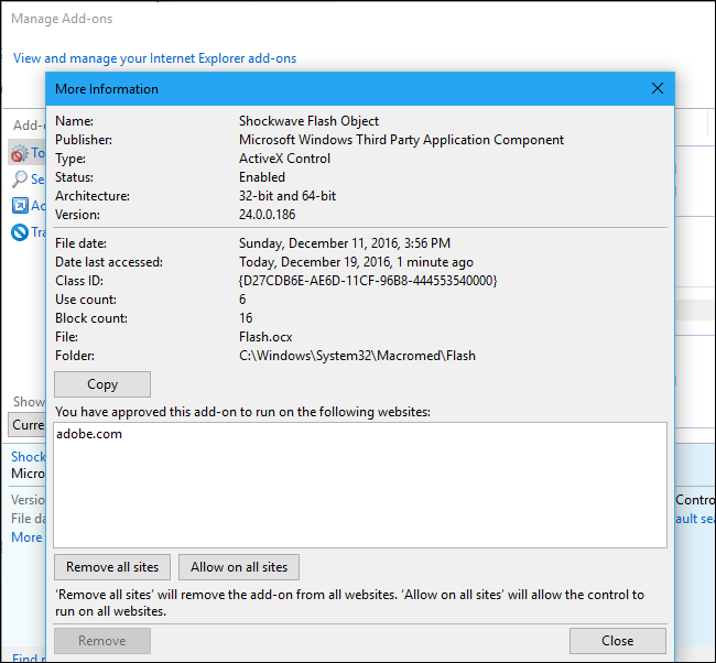 Окно со списком сайтов, где Flash разрешён в Internet Explorer