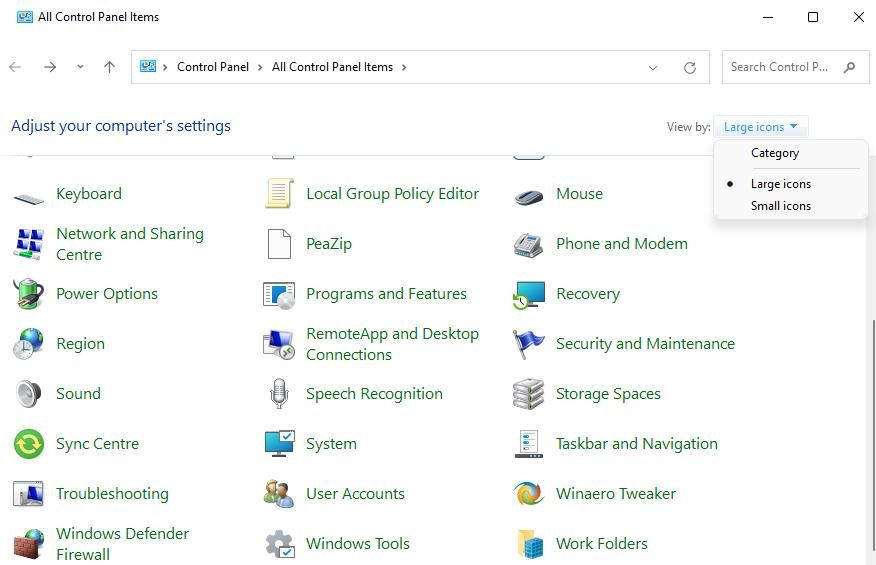 Параметр Крупные значки в Панели управления