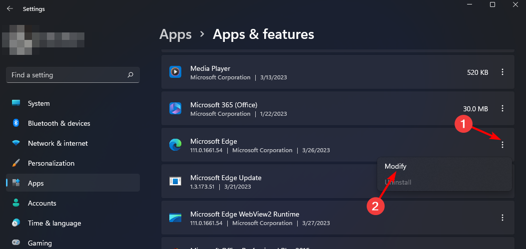 Меню приложения Microsoft Edge в списке приложений
