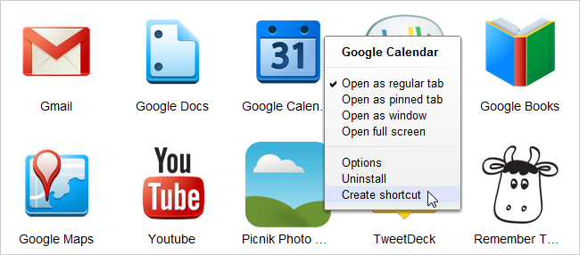 Контекстное меню приложения с пунктом Create shortcut