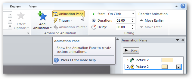 Панель анимации с пронумерованными эффектами