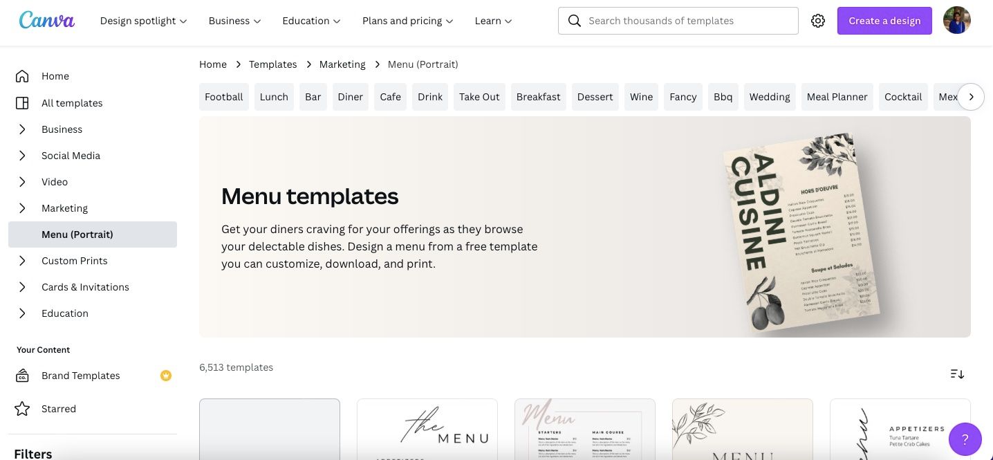 Экран главной страницы Canva с меню «Все шаблоны»