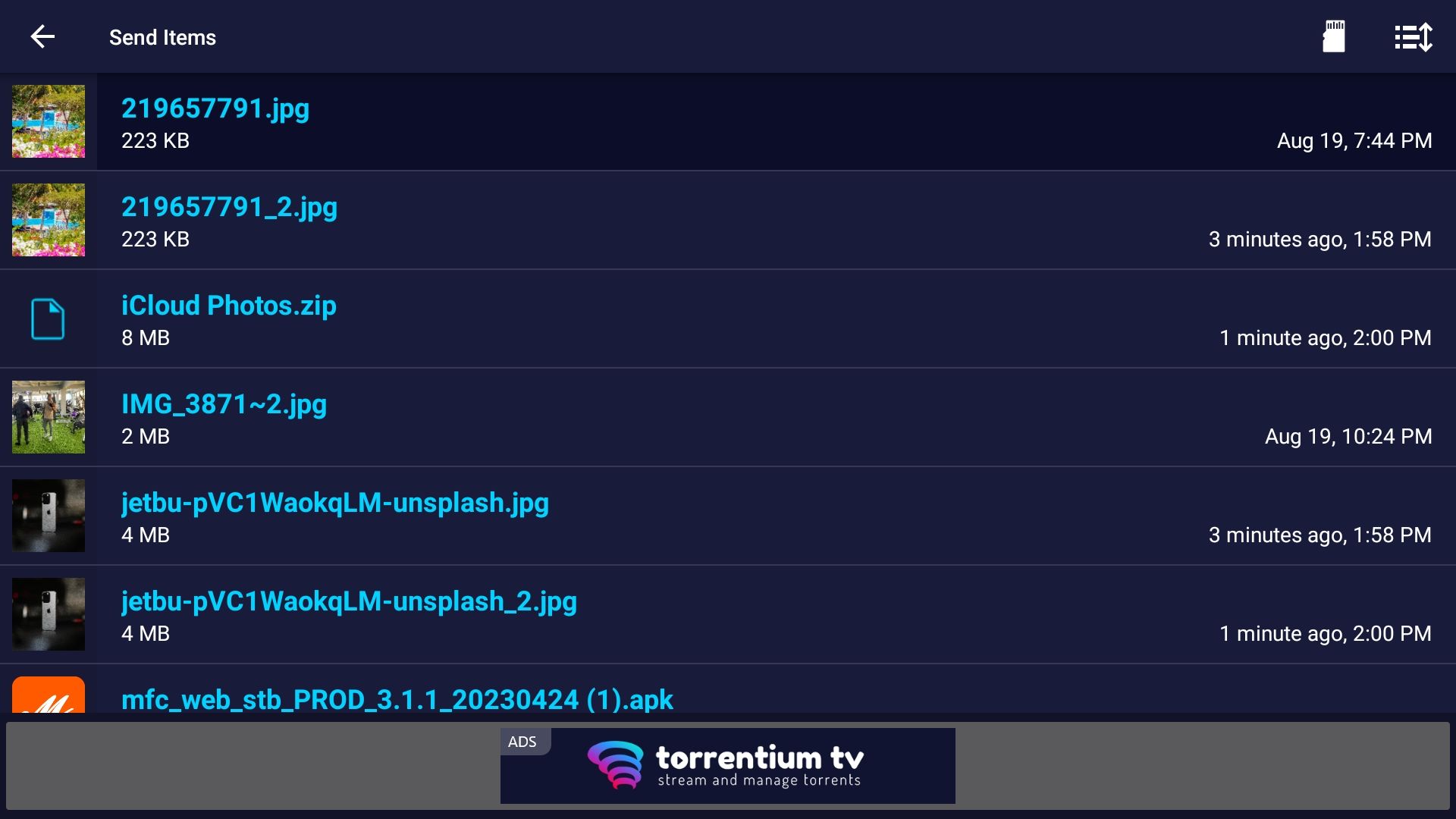 Выбор файла на Google TV для передачи на Android