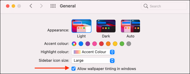 Снимите флажок, чтобы отключить тонировку обоев в macOS